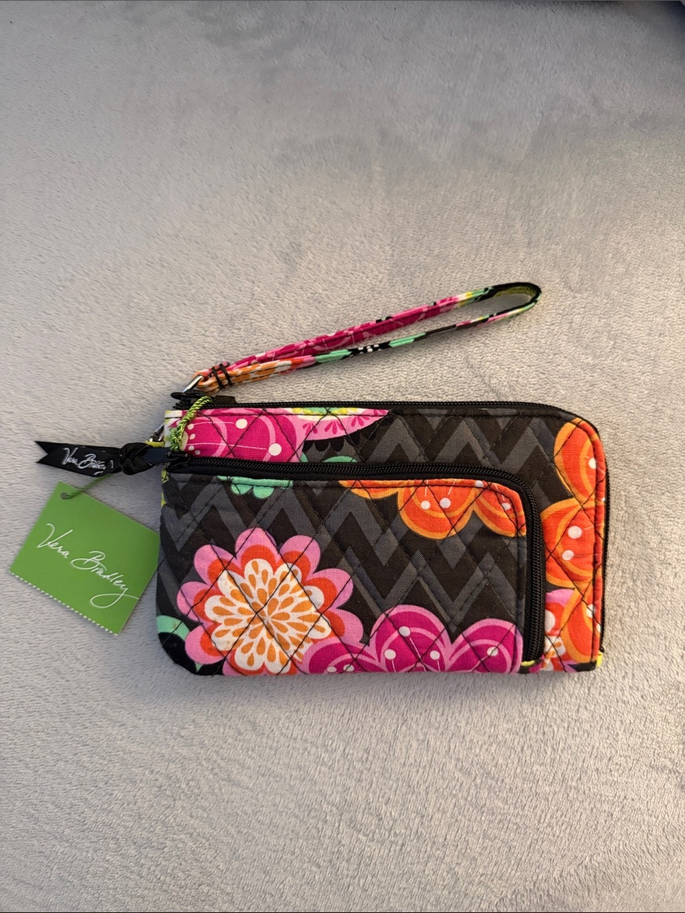 Vera Bradley Black Quilted Wristlet with Pink & Orange Floral Print